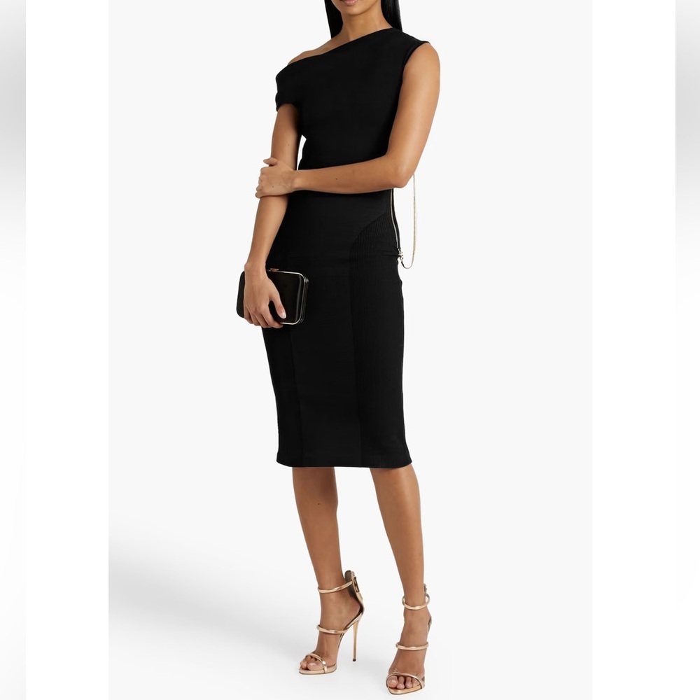 AZ Factory Mybody One Shoulder Asymmetrical Ribbed Bodycon Midi Dress Black XS